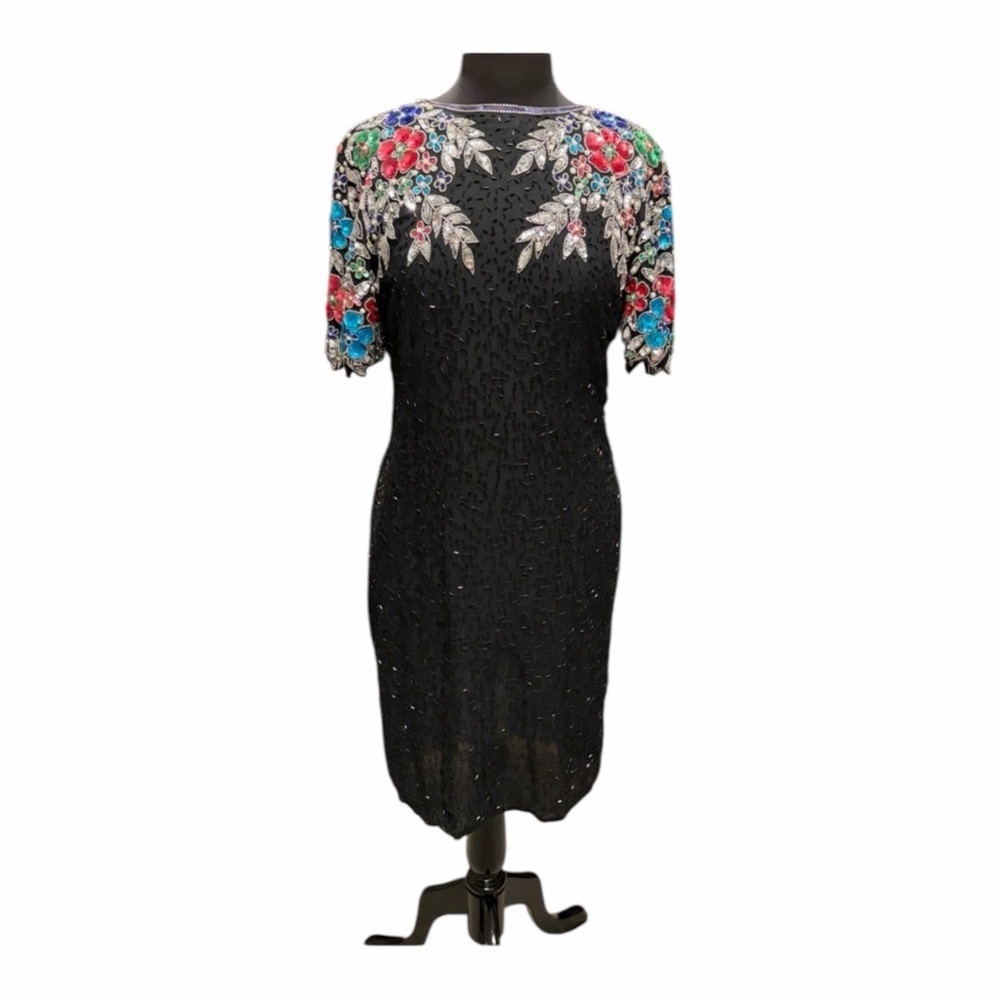 Vintage Stenay Silk Beaded Cocktail Dress 80s 90s Formal Keyhole 🗝️ back